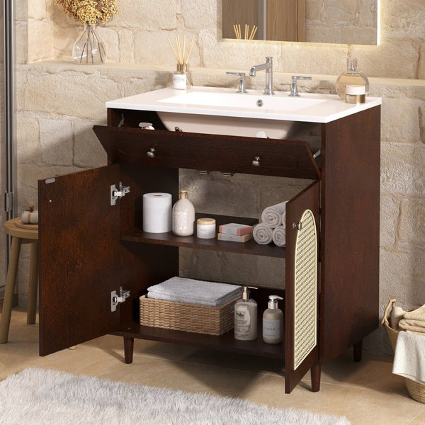 English Elm 30" Rattan Front Bathroom Vanity Solid Pine Cabinet with Ceramic Sink and Adjustable Shelf Walnut N710P293988P