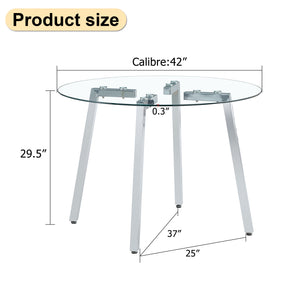 English Elm Modern circular tempered glass dining table with silver metal legs, minimalist clear top for airy spaces W1512P371582