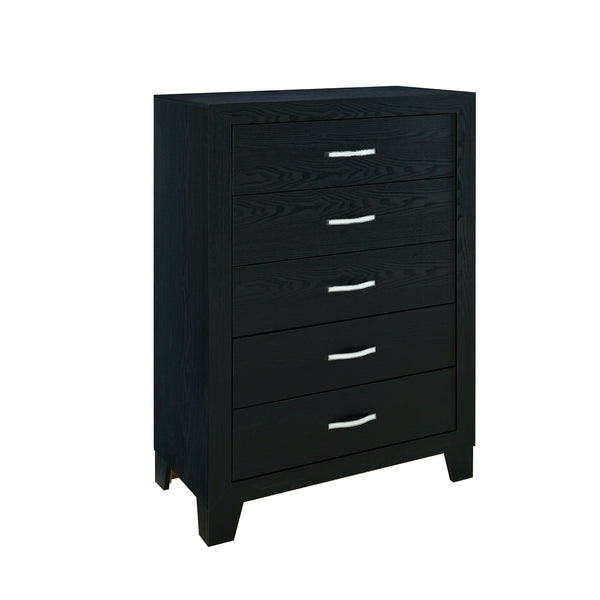 English Elm CARLOS Black Chest with 5 Drawers, Solid Wood & MDF, Glam Hardware, Sleek Black Finish for Chic Storage B201P215910