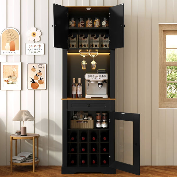 English Elm Bar Cabinet Farmhouse 69 Inch with Rgb Led Barn Door Wine Rack and Charging Station Black N728P438603B