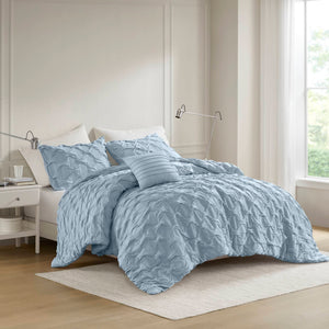 JLA Home Comfort Spaces - Diamond Ruched Ogee Pleat Comforter Set — Crinkle Texture, OEKO‑TEX Certified, Lightweight All‑Season Cozy Elegance Blue AM10-0536