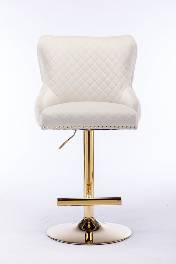 English Elm Hengming Velvet Bar Chair Stool with Plush Sponge Cushion, Gold Lion Head Pull & T‑Leg Base Gorgeous Finish and Anti‑Skid Feet (Set of 1) Beige W212P156699