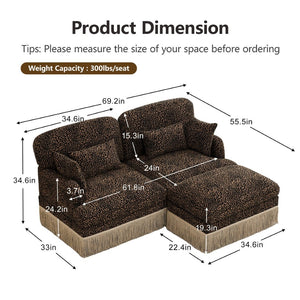 English Elm Comfy Chenille Leopard Print Loveseat with Tassel Trim Movable Ottoman Living Room Brown W5656S00011