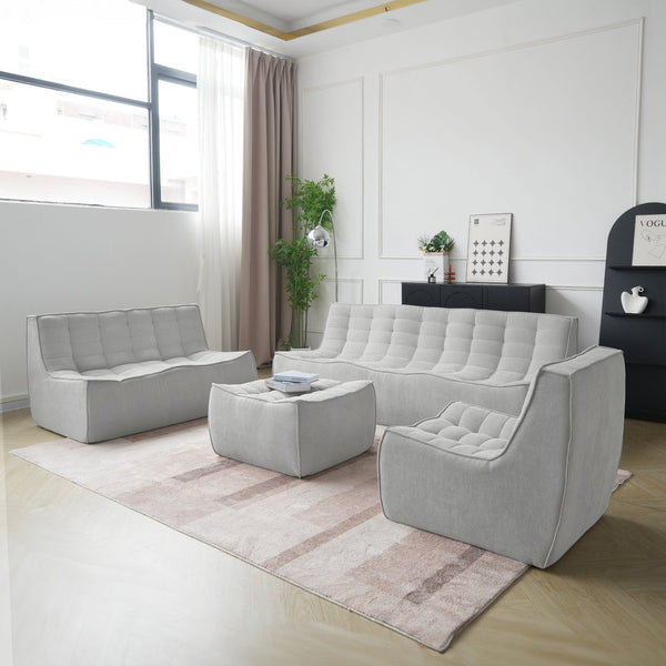 English Elm Caterpillar Minimalist Waffle 7-Seater Floor Sofa Set – Light Gray Chenille Linen, High-Density Foam Comfort B341S00039