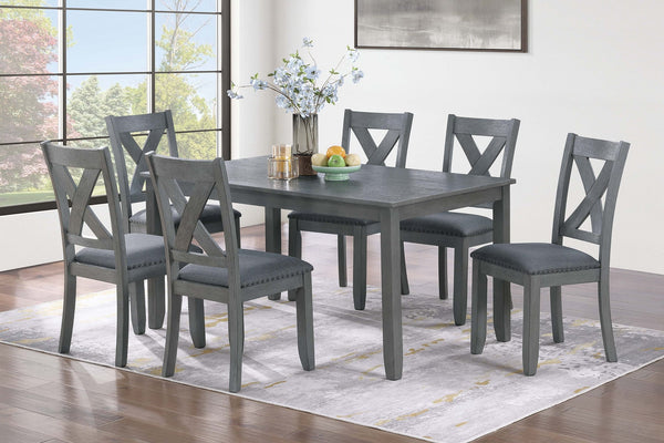 English Elm Gray 7pc Dining Set with Rectangular Table & Cushioned X-Cross Back Chairs, Nailhead Trim, 60" spacious B011P348932