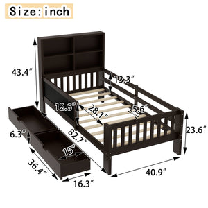 English Elm Twin Chalkboard Platform Bed with Drawers & Shelves, Solid Wood Kids Bed with Storage and Creative Headboard Espresso W1580P362705