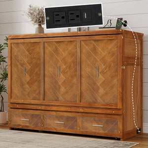 English Elm Queen Murphy Cabinet Bed Pine Wood Geometric Panels Usb Charging Guest Room Storage W504S00303
