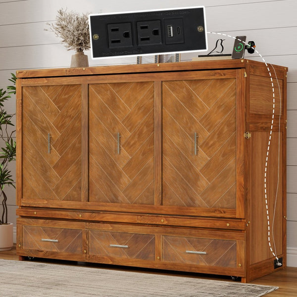English Elm Queen Murphy Cabinet Bed Pine Wood Geometric Panels Usb Charging Guest Room Storage W504S00303