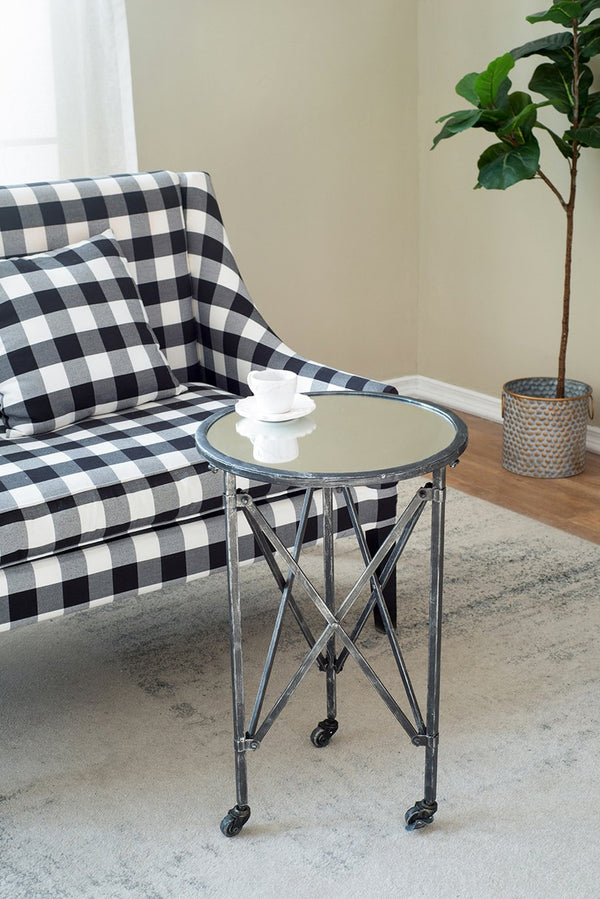 English Elm D17x26.5" Gilbert Side Table - Distressed Black Round Glass Top with Intersecting Frame & Casters W2078P394038