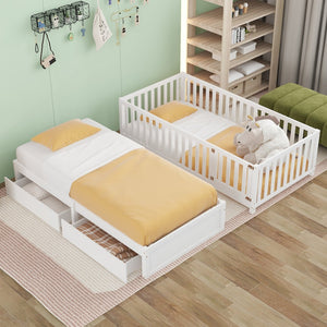 English Elm Twin Pinewood Daybed with Fence Guardrails Two Storage Drawers and Split Floor Bed White LP200881AAK