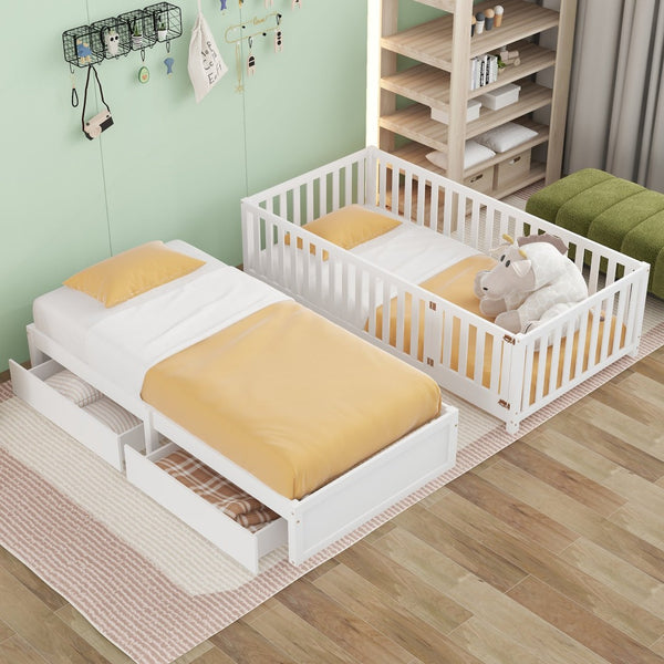English Elm Twin Pinewood Daybed with Fence Guardrails Two Storage Drawers and Split Floor Bed White LP200881AAK