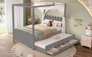 English Elm Full Bunk Bed with Trundle Bookshelf Storage Pine Frame Car Design for Kids W1580S00318