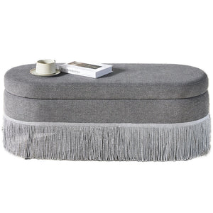 English Elm Oval Fringe Trim Upholstered Lift Top Storage Ottoman Stylish Footrest for Any Room Grey W5501P462408