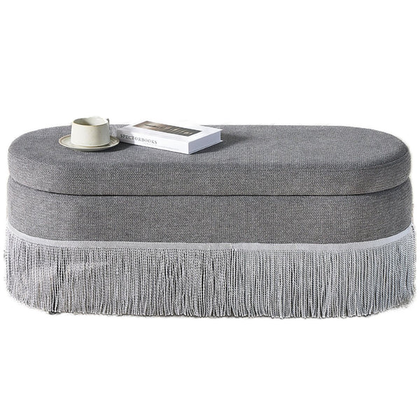English Elm Oval Fringe Trim Upholstered Lift Top Storage Ottoman Stylish Footrest for Any Room Grey W5501P462408