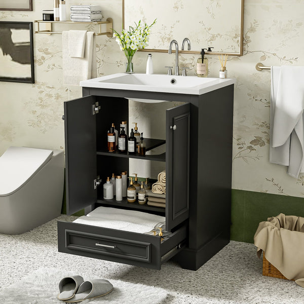 English Elm 24'' Bathroom Vanity with Ceramic Sink Combo Modern Freestanding MDF Cabinet with Soft-Close Doors and Sleek Silver Handles for Spacious Organized Bathroom Storage Black N710P194893B