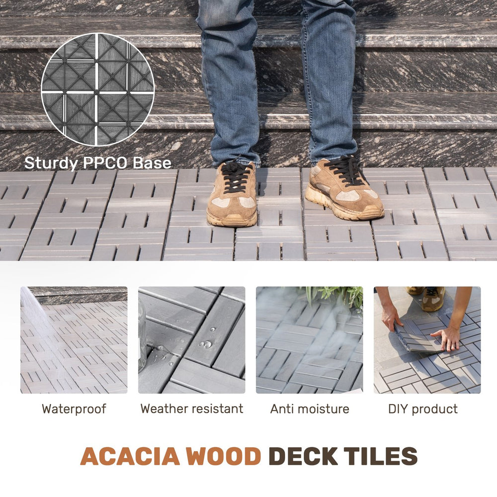 English Elm 30 Interlocking Deck Tiles Set, 12" Square Acacia Hardwood DIY Waterproof Patio Flooring with Anti-Mildew Finish Light Gray W2391P160134