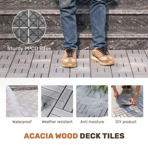 English Elm 30 Interlocking Deck Tiles Checker Pattern 12" x 12" Acacia Hardwood Outdoor Flooring Waterproof, DIY-Friendly, Mold-Resistant Light Gray W2391P288857