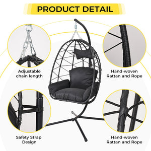 English Elm Hanging Egg Chair with Stand Pe Wicker Ergonomic Swing Seat for Patio or Bedroom T5880P497553