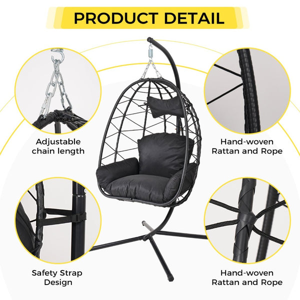 English Elm Hanging Egg Chair with Stand Pe Wicker Ergonomic Swing Seat for Patio or Bedroom T5880P497553