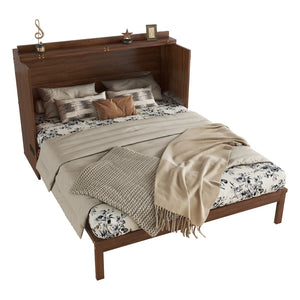 English Elm Queen Size Murphy Bed - Stylish Pine Wood Cabinet With Power Station & Rattan Panel For Space-Saving W504S00234-GIGA