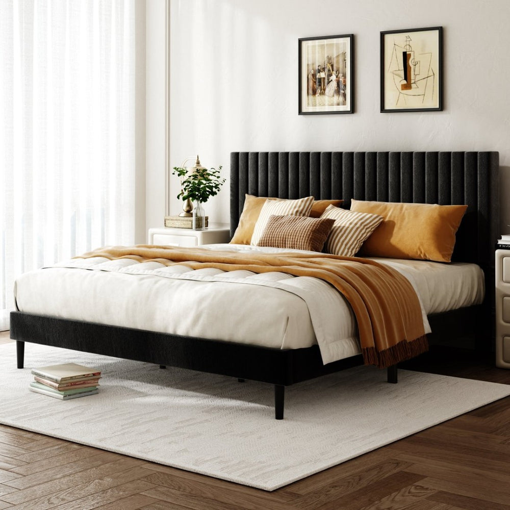 English Elm Queen Velvet Tufted Platform Bed Adjustable Headboard Steel Frame No Box Spring Black W5239P503299