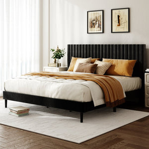English Elm Queen Velvet Tufted Platform Bed Adjustable Headboard Steel Frame No Box Spring Black W5239P503299