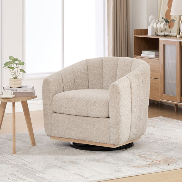English Elm 31.89 Inch Chenille Tufted Swivel Barrel Armchair Pumpkin Sculpted Design for Living Rooms Wheat W3098P397229