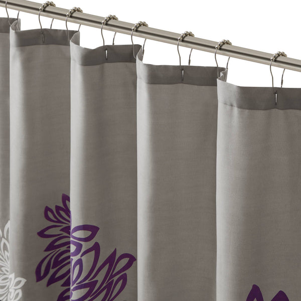 JLA Home Madison Park Essentials - Printed Floral Maible Shower Curtain 72x72, Ultra-Soft Microfiber Grey with Purple/White Blooms, Machine-Washable MPE70-816
