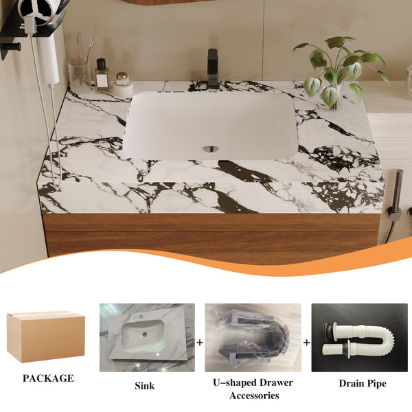 English Elm 29.9" Floating Bathroom Vanity Sintered Stone Top Soft Close Drawers Bronze Gold Hardware W3136S00040