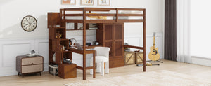 English Elm Twin Over Full Bunk Bed Solid Pine Frame with Built-in Slide and Storage Staircase Walnut W504S00286