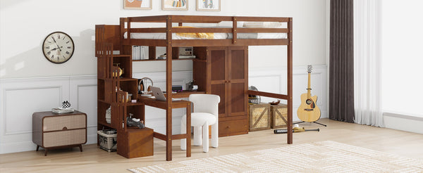 English Elm Twin Over Full Bunk Bed Solid Pine Frame with Built-in Slide and Storage Staircase Walnut W504S00286