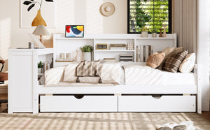 English Elm Twin Corner Daybed Pine Frame Built in Desk Bookcase Drawers Charging Kids Room White W697S00041