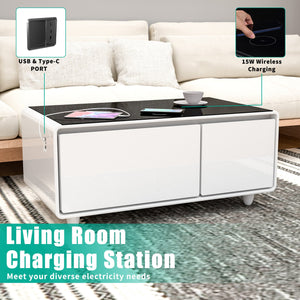 English Elm Modern Smart Coffee Table With Mini-Fridge, Bluetooth Speaker, Wireless Charging & Mood Lighting W1172P178882