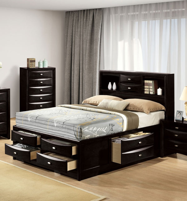 English Elm Contemporary Full Size Bed With Storage Drawers & Headboard Bookcase In Sleek Black Finish B2741S00557