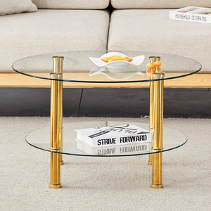 English Elm Contemporary Double Layer Tempered Glass Coffee Table 27.5" Top 23.6" Bottom Gold Legs, Modern Luxurious Design W1512P355039