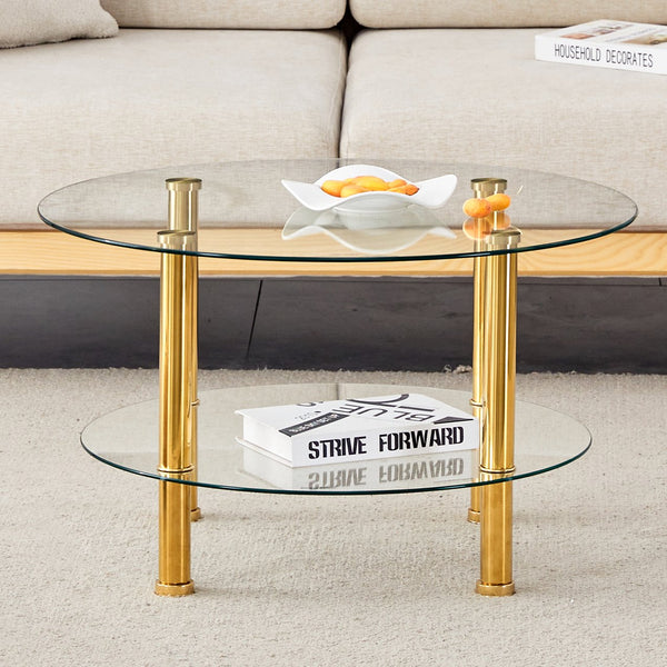 English Elm Contemporary Double Layer Tempered Glass Coffee Table 27.5" Top 23.6" Bottom Gold Legs, Modern Luxurious Design W1512P355039