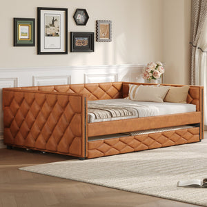 English Elm Full XL Upholstered Daybed with Trundle and Built-In LED Lighting, Tufted Arms, Solid Wood Frame Brown N7090000611D