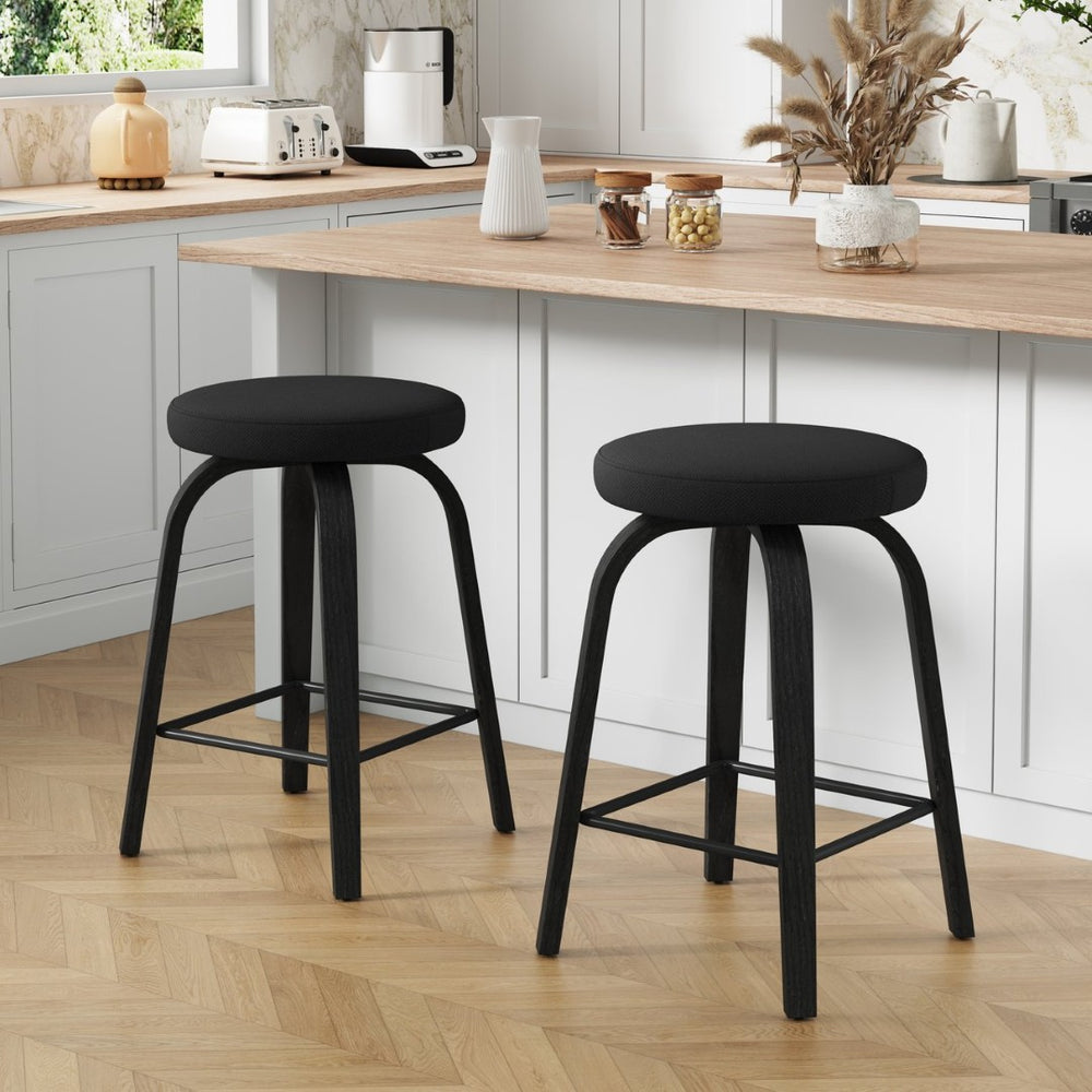 English Elm Swivel Backless Counter Stools Set of 2 with Fabric Seat Bentwood Legs Mid-century Modern Black W3107P446841