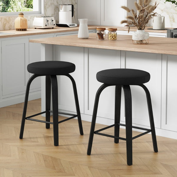 English Elm Swivel Backless Counter Stools Set of 2 with Fabric Seat Bentwood Legs Mid-century Modern Black W3107P446841