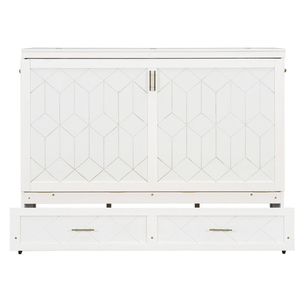 English Elm Queen Murphy Wall Bed Cabinet with Storage Drawer Built-in Power Outlets Usb Ports White LP000400AAK-1