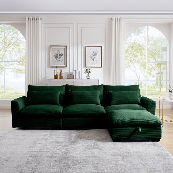 English Elm Corduroy Sectional Sofa - L-Shaped Couch With Storage Footstool & 3 Pillows, Stylish Comfort For Any Room W714S00671