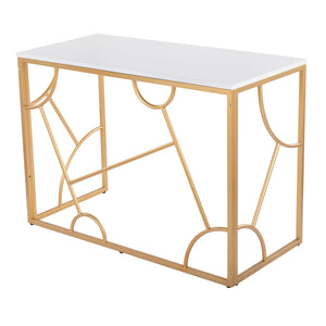 English Elm Constellation Geometric Desk with Gold Metal Frame and Wood Top — Modern Vanity or Office Statement PMID White B202P223960