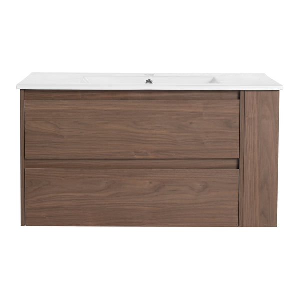 English Elm 36" Wall Mount Bathroom Vanity With High-Quality Ceramic Sink & Soft-Close Drawers For Storage W999S00143