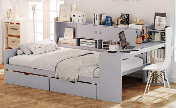 English Elm Full Size L-shaped Daybed with Built-in Desk Bookshelf and Storage for Small Spaces N733S351674E