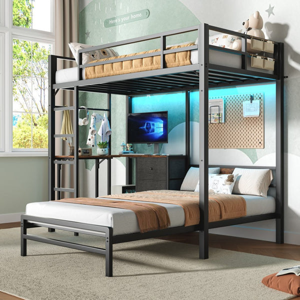 English Elm Bunk Bed Steel Frame with Rgb Lighting Charging Station Drawers and Folding Desk W1820P420816