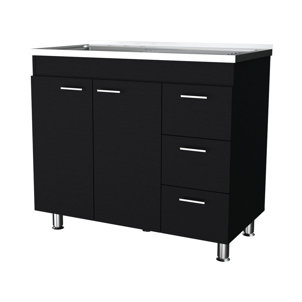 English Elm Darien Melamine Base Cabinet with Stainless Steel Top, Faucet Hole, 3 Drawers & Double Door Storage B128S00005