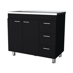 English Elm Darien Melamine Base Cabinet with Stainless Steel Top, Faucet Hole, 3 Drawers & Double Door Storage B128S00005