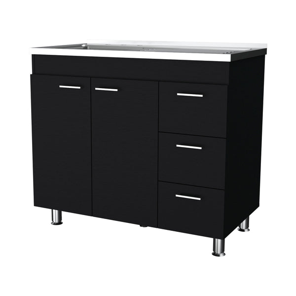 English Elm Darien Melamine Base Cabinet with Stainless Steel Top, Faucet Hole, 3 Drawers & Double Door Storage B128S00005