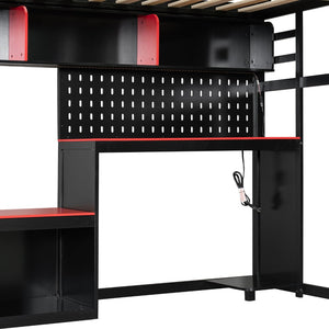English Elm Full Size Gaming Loft Bed with Built-in Desk Led Lighting Usb Ports and Pegboard Black+Red LT000270AAR