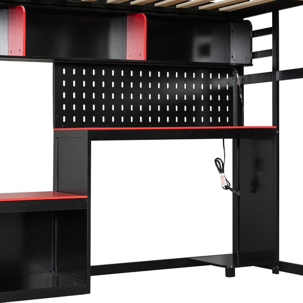English Elm Full Size Gaming Loft Bed with Built-in Desk Led Lighting Usb Ports and Pegboard Black+Red LT000270AAR